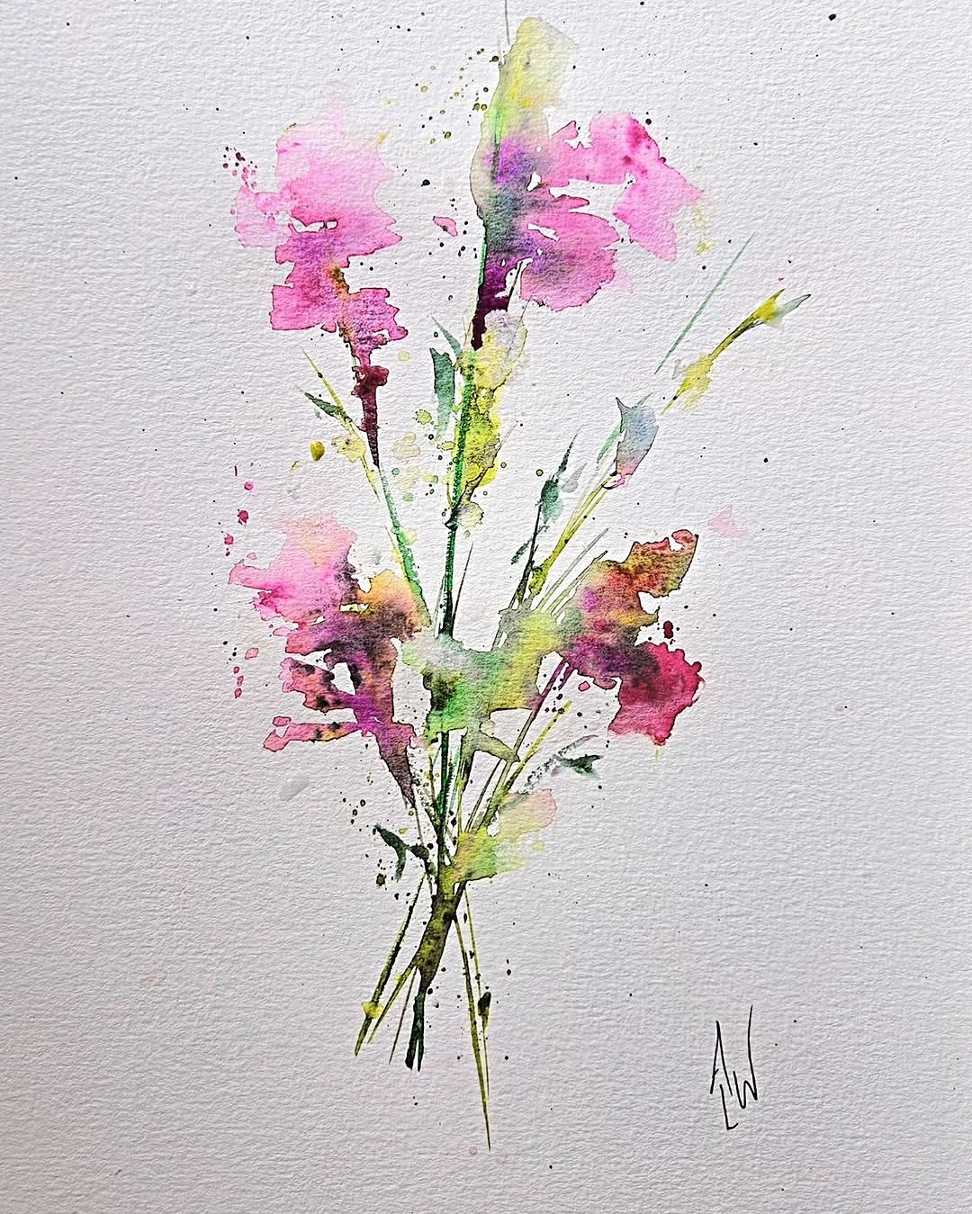 Loose watercolour study of pink wildflowers with ink splatter detail
