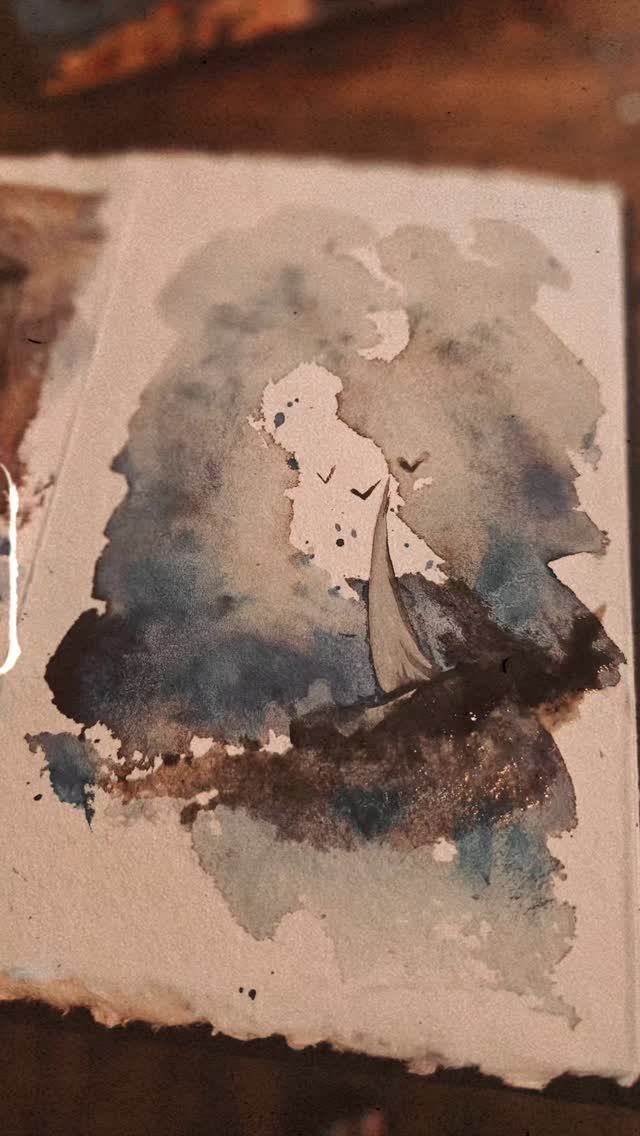 Watercolour painting of a small boat under a stormy sky, painted on deckle-edged paper