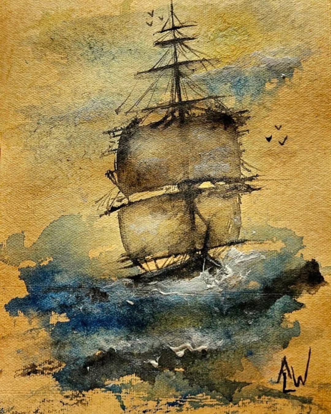 Watercolour painting of a tall ship at sea under stormy skies