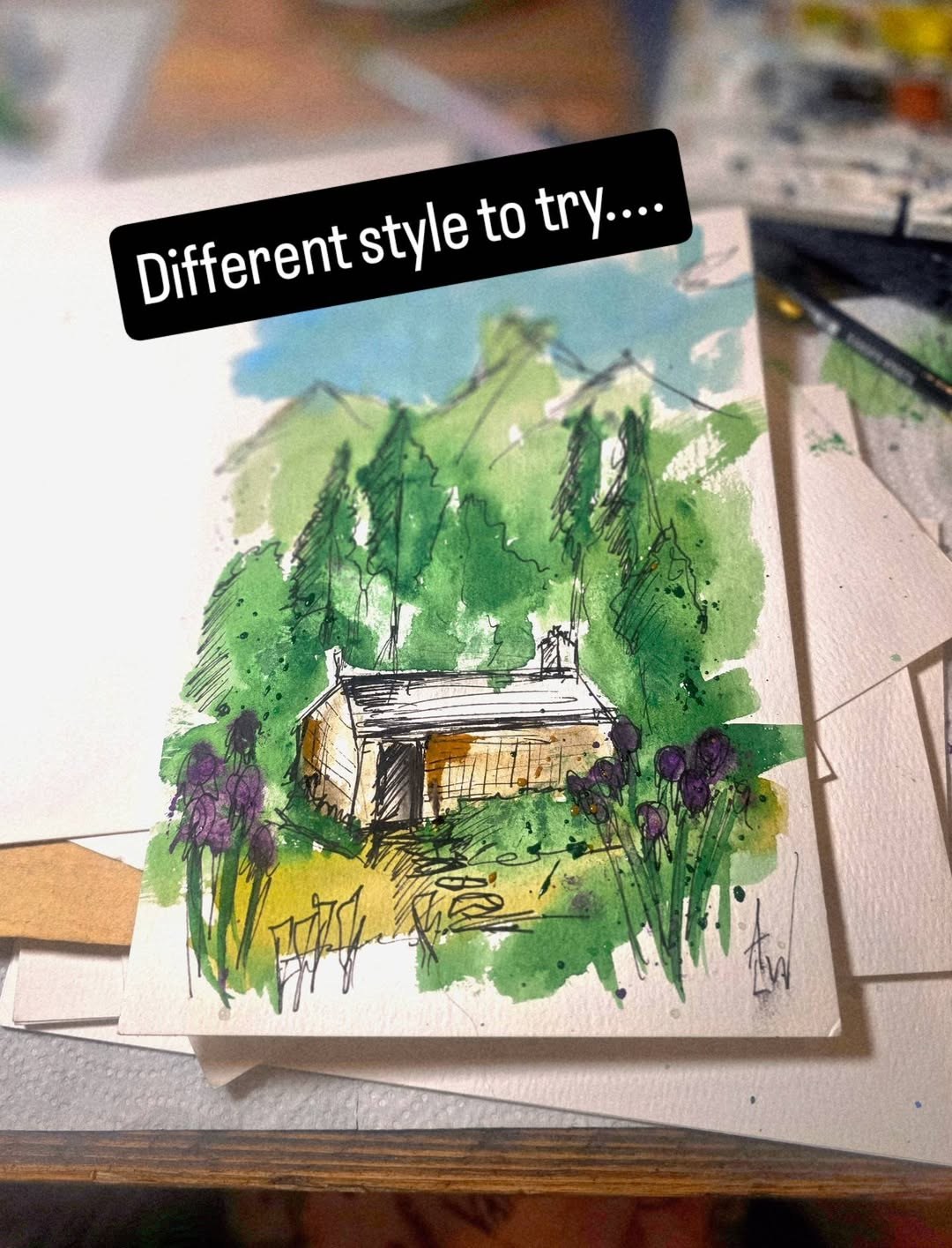 Watercolour painting of a stone bothy in a green forest