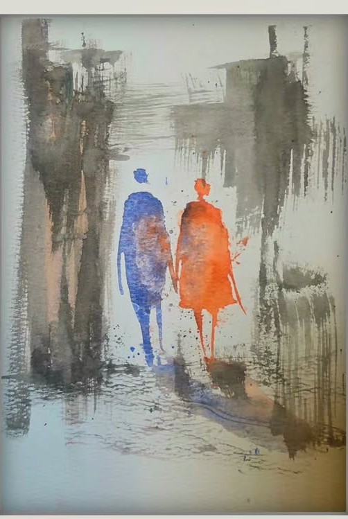 Watercolour painting of two figures walking hand in hand