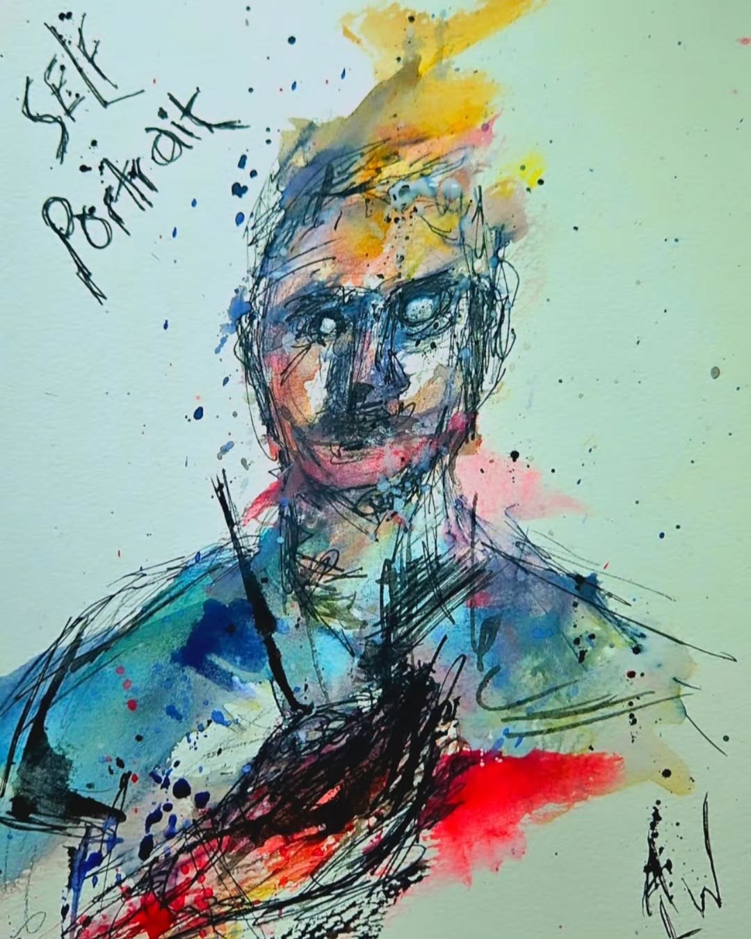 Expressive self-portrait study in ink and watercolour