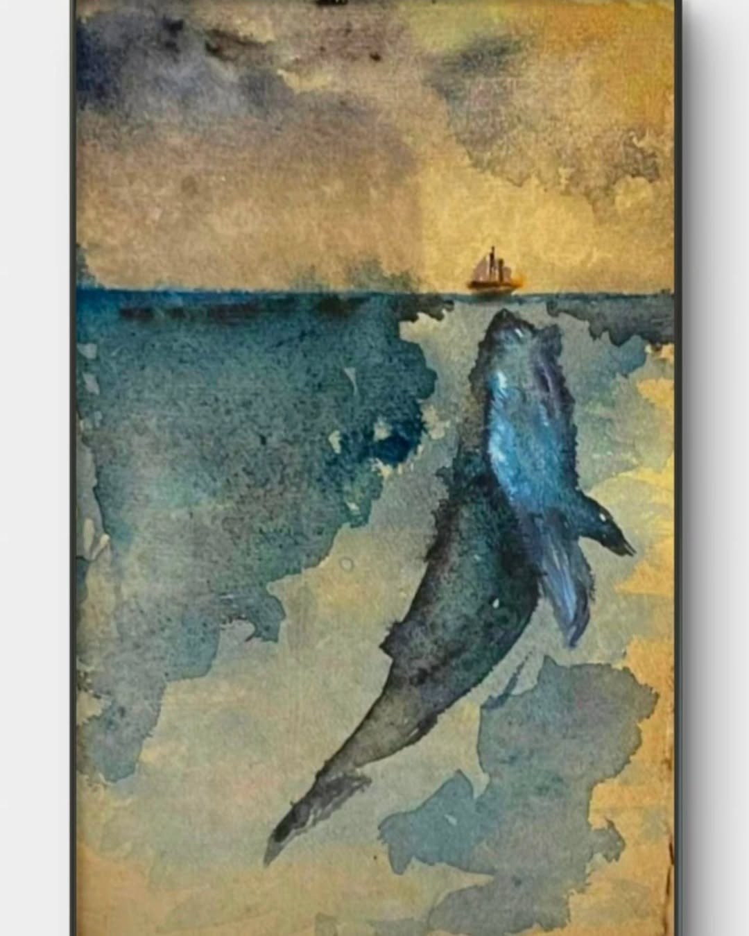 Minimalist watercolour painting of a whale beneath a stormy sky